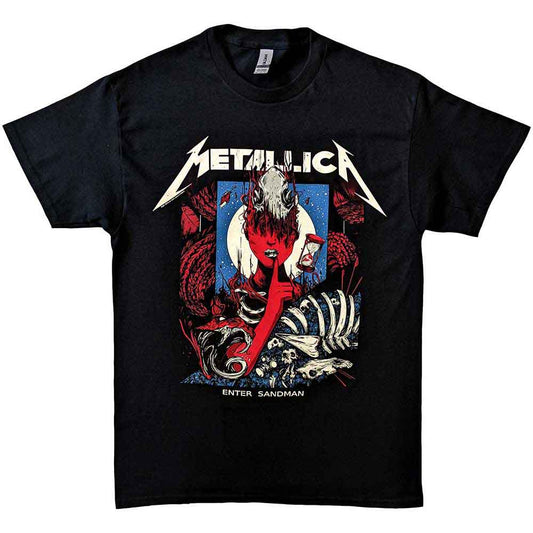 Black unisex t-shirt featuring the Metallica Enter Sandman poster graphic on the front.