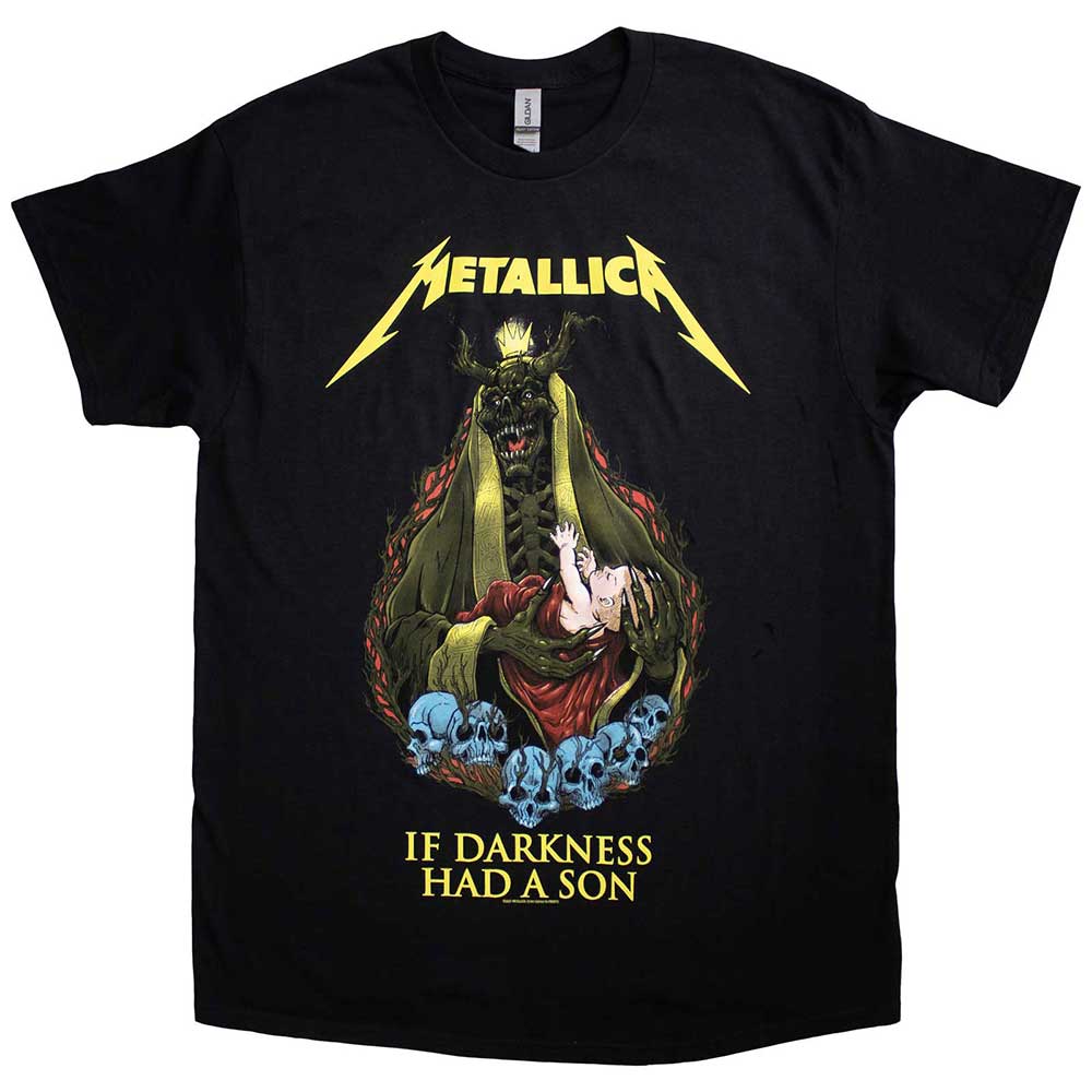 Black unisex t-shirt featuring Metallica branding and "If Darkness Had A Son" graphics.