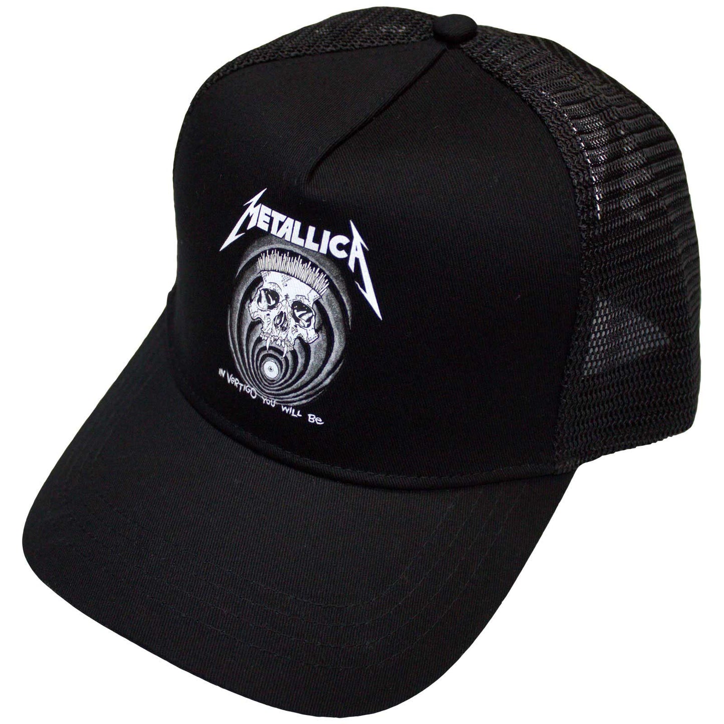 Black Metallica baseball cap with mesh back, featuring “In Vertigo” design.