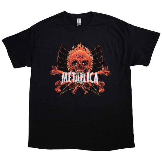 Black Metallica t-shirt, large "Rebel" graphic, unisex style.