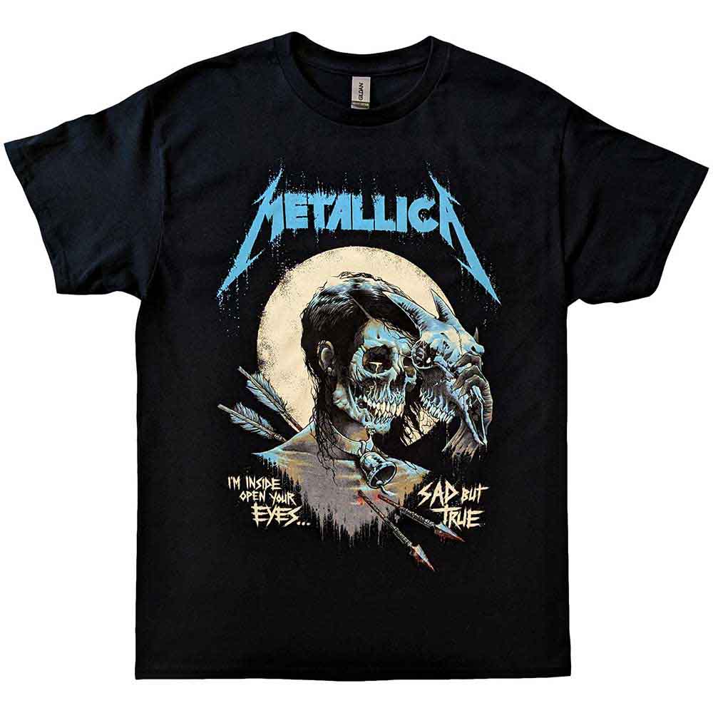 Black unisex t-shirt featuring the Metallica Sad But True poster graphic on the front.