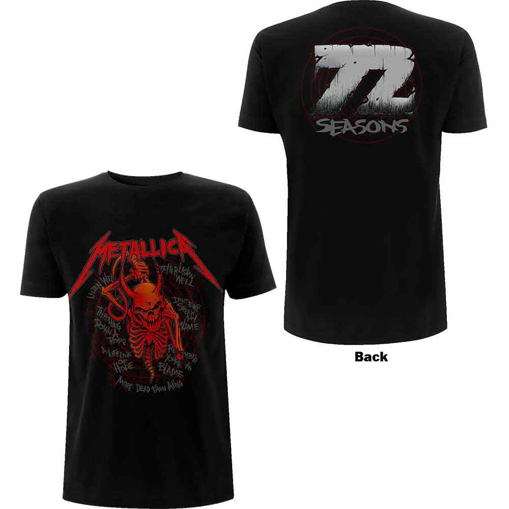 Black unisex t-shirt featuring a screaming skull graphic and 72 Seasons back print.
