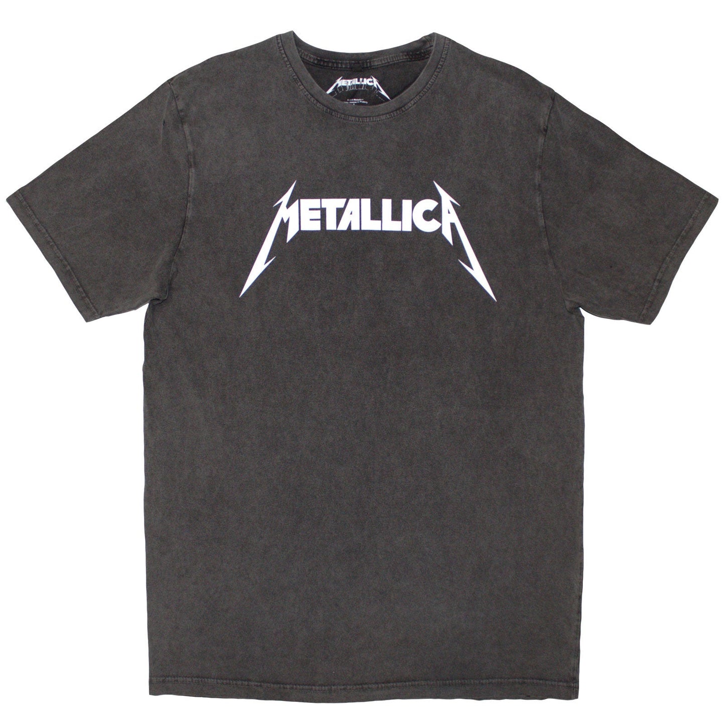 Charcoal grey unisex stone wash t-shirt featuring the white Metallica logo on the chest.
