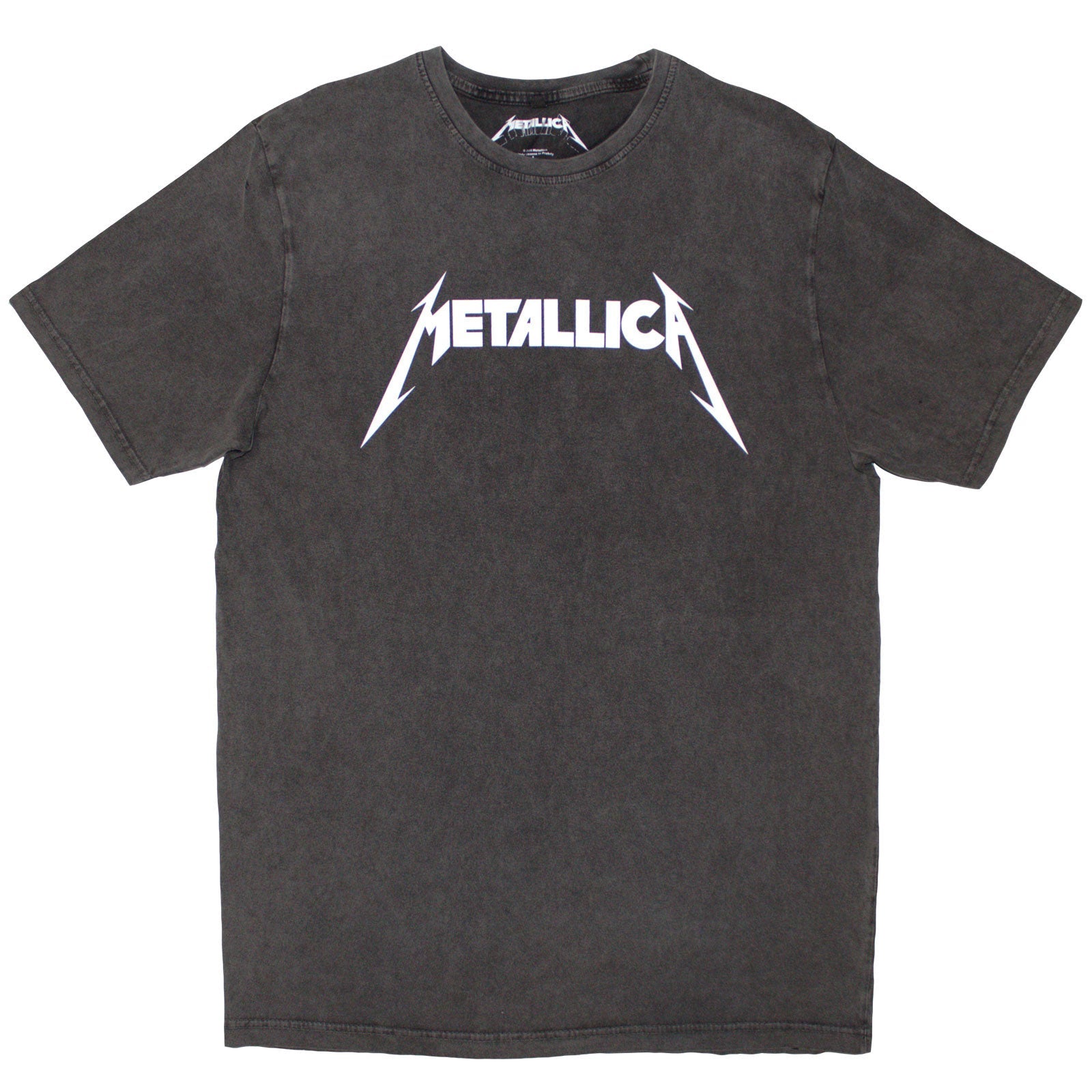 Charcoal grey unisex stone wash t-shirt featuring the white Metallica logo on the chest.