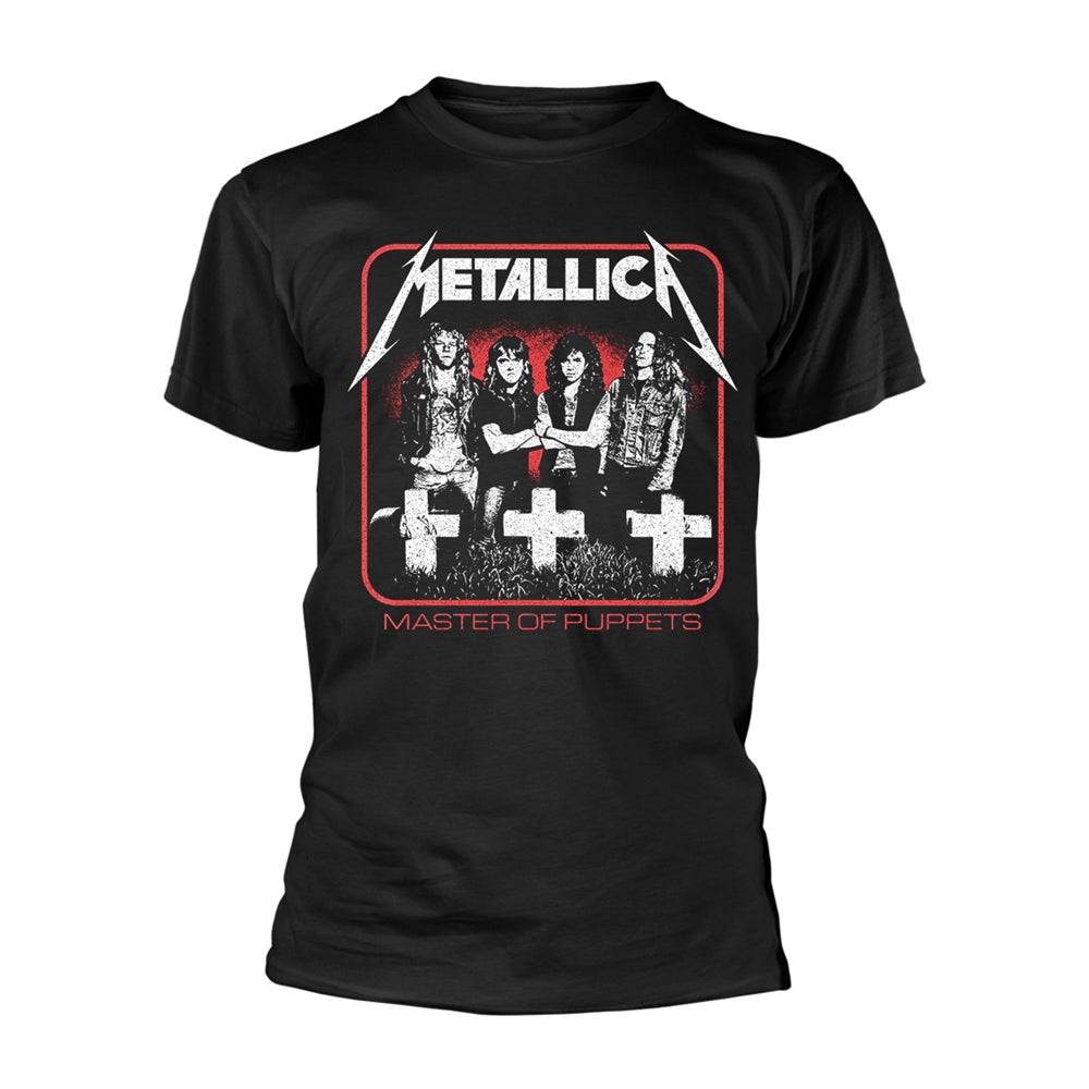 Black unisex t-shirt featuring a vintage Master of Puppets album cover graphic print.