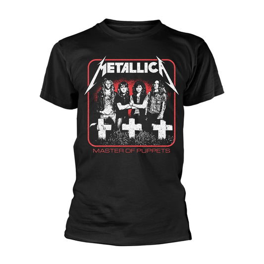 Black unisex t-shirt featuring a vintage Master of Puppets album cover graphic print.