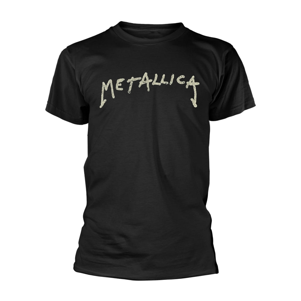 Black short-sleeved t-shirt with the Metallica logo printed in white on the chest.