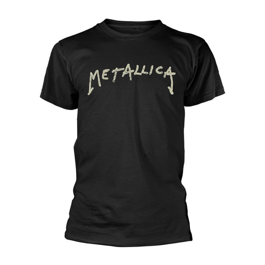 Black short-sleeved t-shirt with the Metallica logo printed in white on the chest.