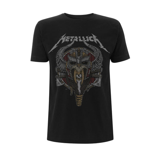 Black Metallica t-shirt with a Viking helmet graphic on the front.