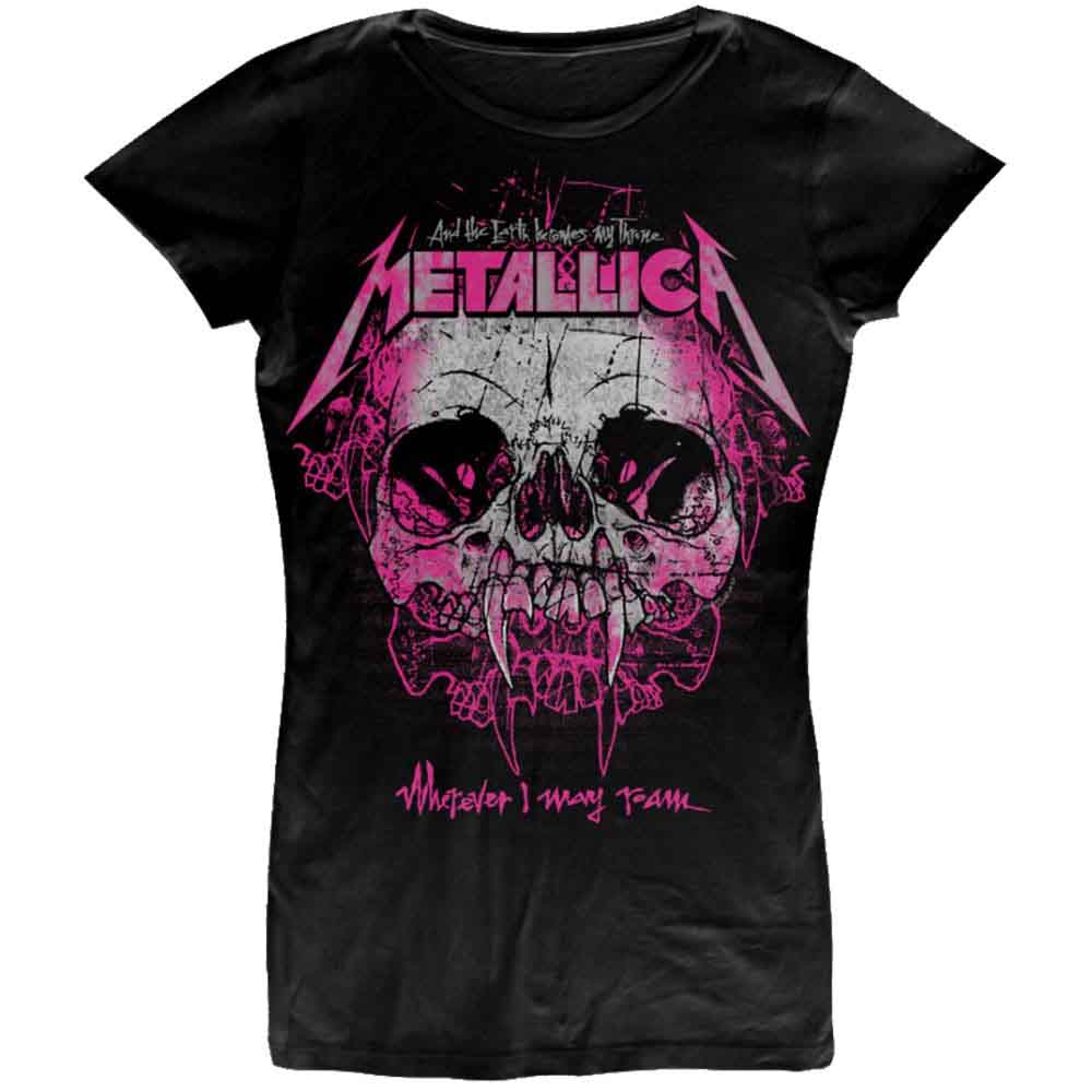 Black Metallica t-shirt with pink and white skull graphic design.