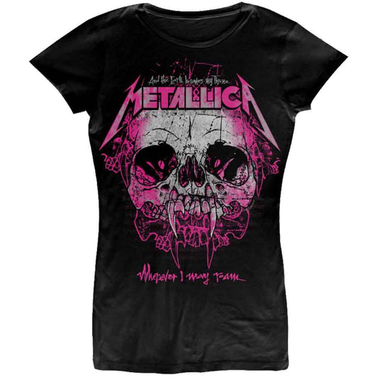 Black Metallica t-shirt with pink and white skull graphic design.