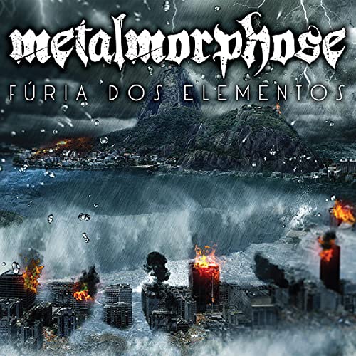 CD cover: stormy landscape with a city engulfed in water and fire.