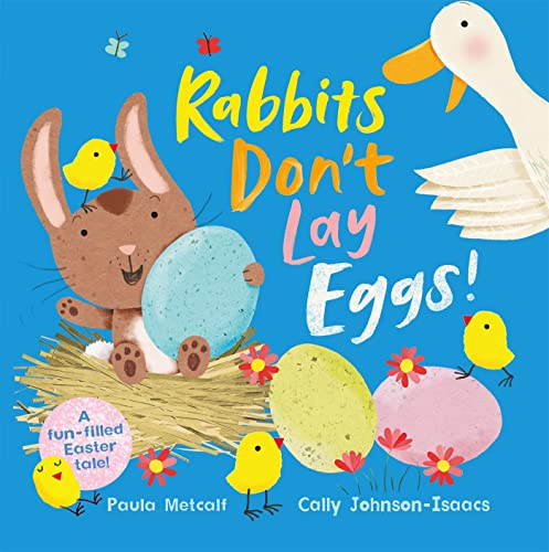 Brown rabbit with speckled egg, yellow chicks, and a duck on blue background.