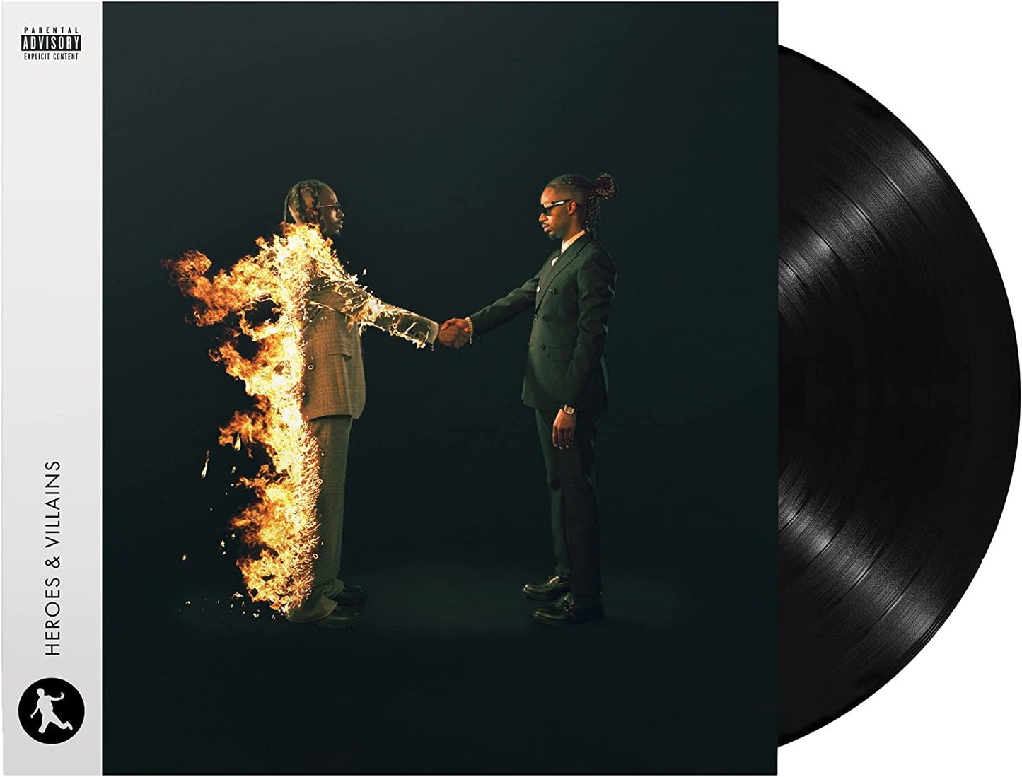 Two men in suits shaking hands, one engulfed in flames, next to a vinyl record.