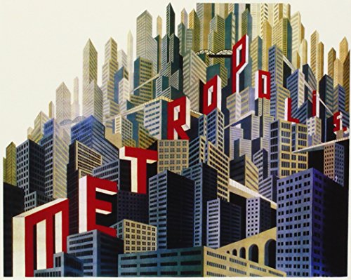 Stylized cityscape with large red letters spelling "METROPOLIS" ascending upwards.