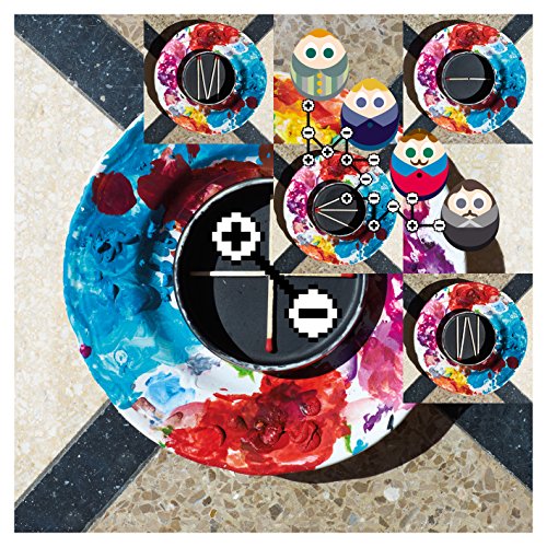 Colorful vinyl record with abstract design and character cutouts.