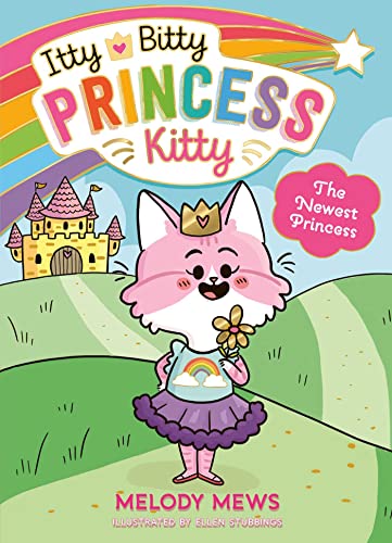 Book cover: pink cat princess with castle and rainbow background.