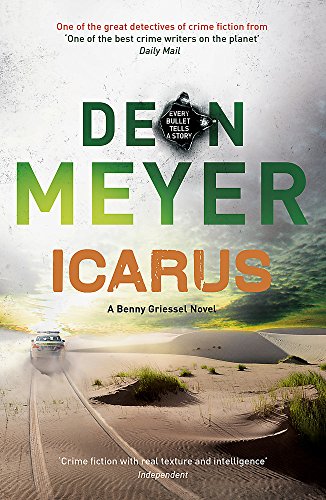 Book cover of Icarus by Deon Meyer featuring a police car on a sandy road.