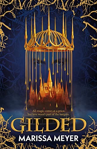 Book cover showing a golden cage over a castle with eyes in the background.