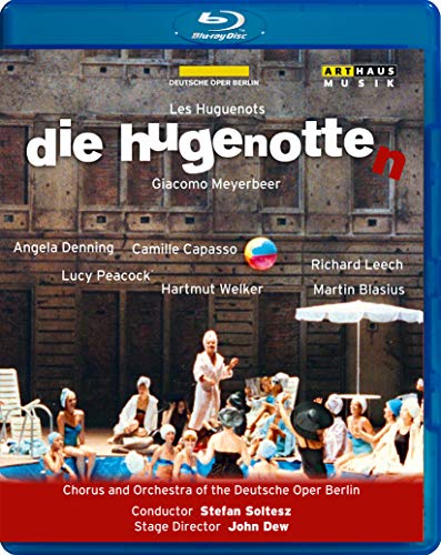 Blu-ray cover for Meyerbeer’s “Die Hugenotten” opera featuring a stage scene.