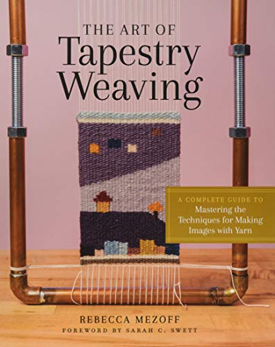 Book cover featuring a woven tapestry with houses and landscape details.