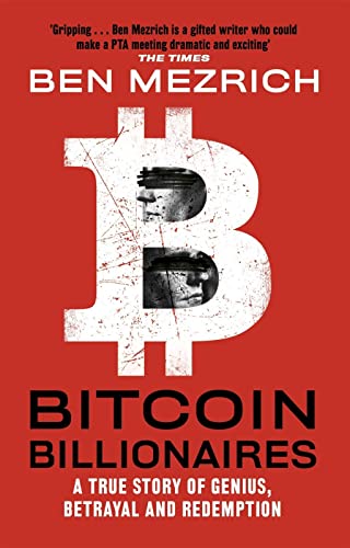 Red book cover with a large white Bitcoin symbol and shadowed faces.