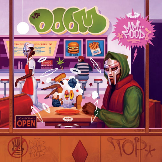 MF DOOM wearing a metal mask sits in a diner in this illustrated album cover.