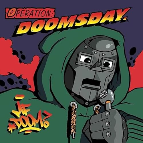 Comic book style illustration of MF DOOM wearing a metal mask and green hoodie.