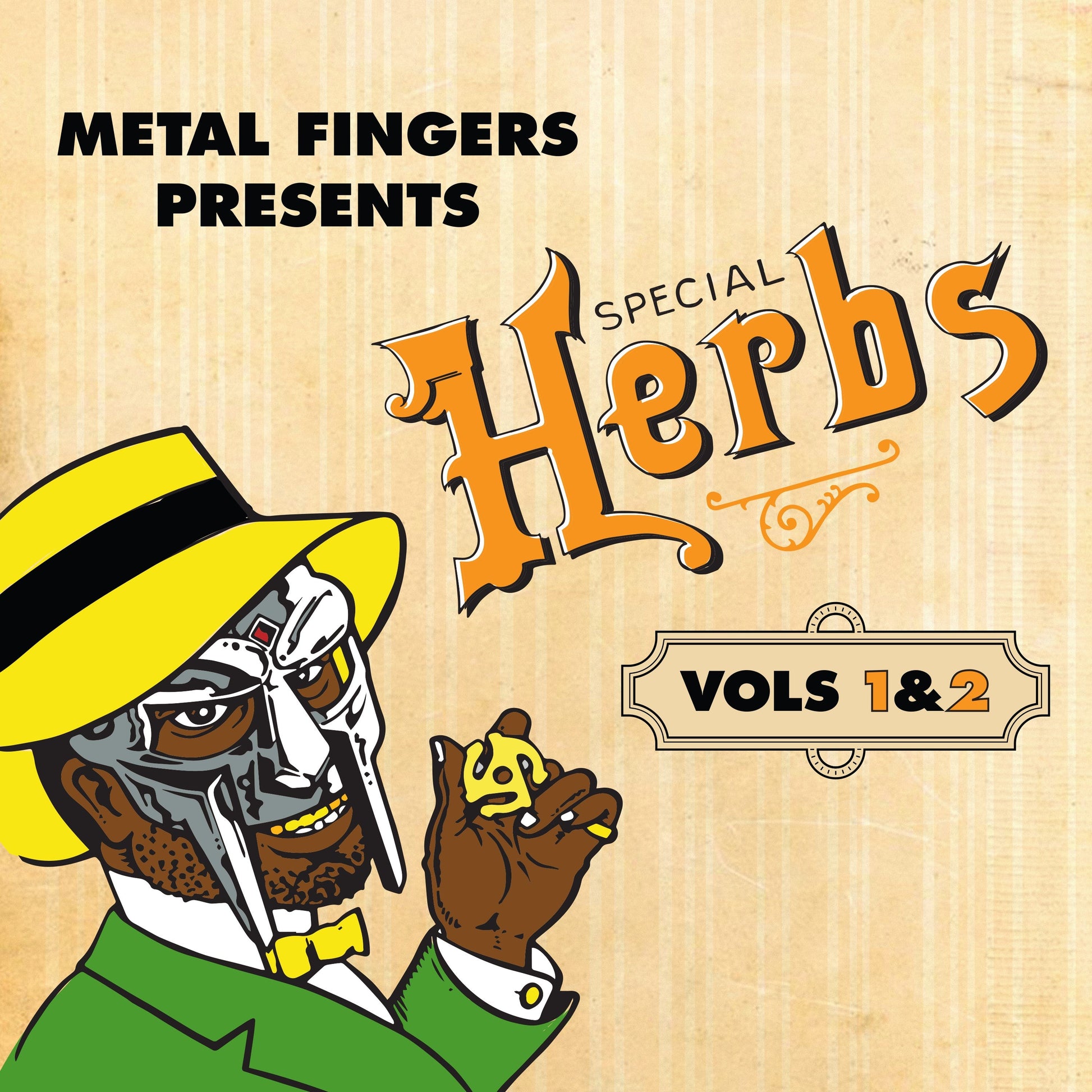 MF DOOM wearing a yellow hat and green suit holding a record adapter.