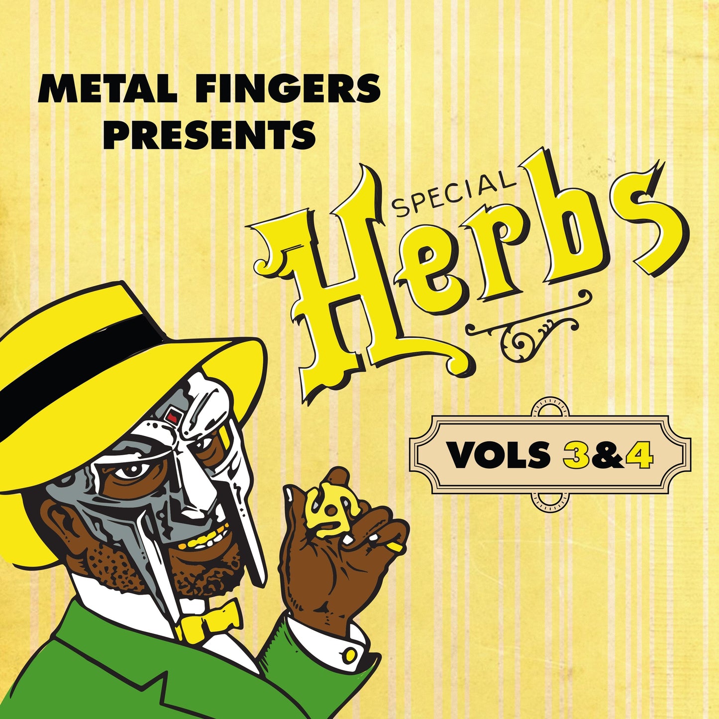 MF DOOM album cover: masked rapper with yellow and green design.