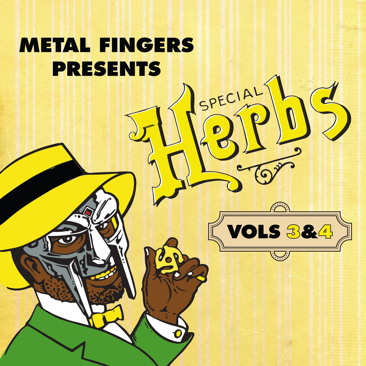 MF DOOM album cover featuring a masked rapper in green and yellow.
