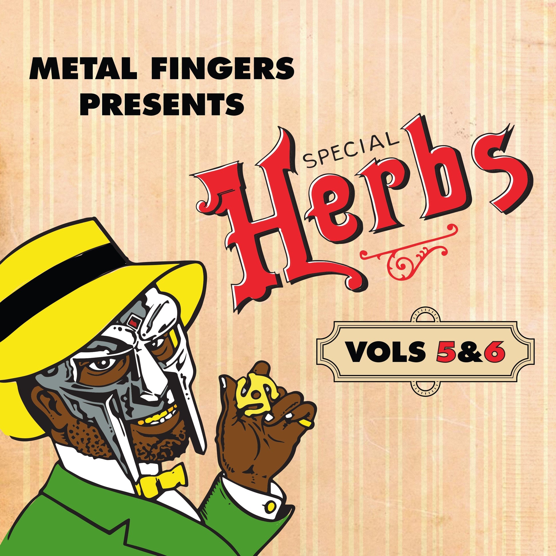 CD cover for MF DOOM’s “Special Herbs Vol. 5 & 6” featuring masked rapper.