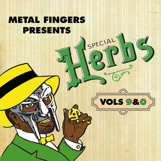 Album cover for MF DOOM’s “Special Herbs Vol. 9 & 0” featuring masked rapper.