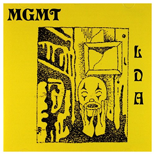 Yellow CD cover for MGMT’s “Little Dark Age” featuring distressed graphic art.
