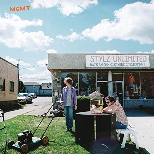 Album cover for Mgmt featuring two men and a building with clouds.