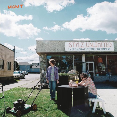 Album cover for Mgmt featuring two men, a lawnmower, and a storefront.