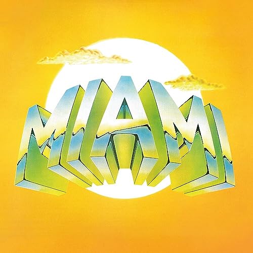 The word MIAMI in 3D block letters against a bright yellow sun and clouds.