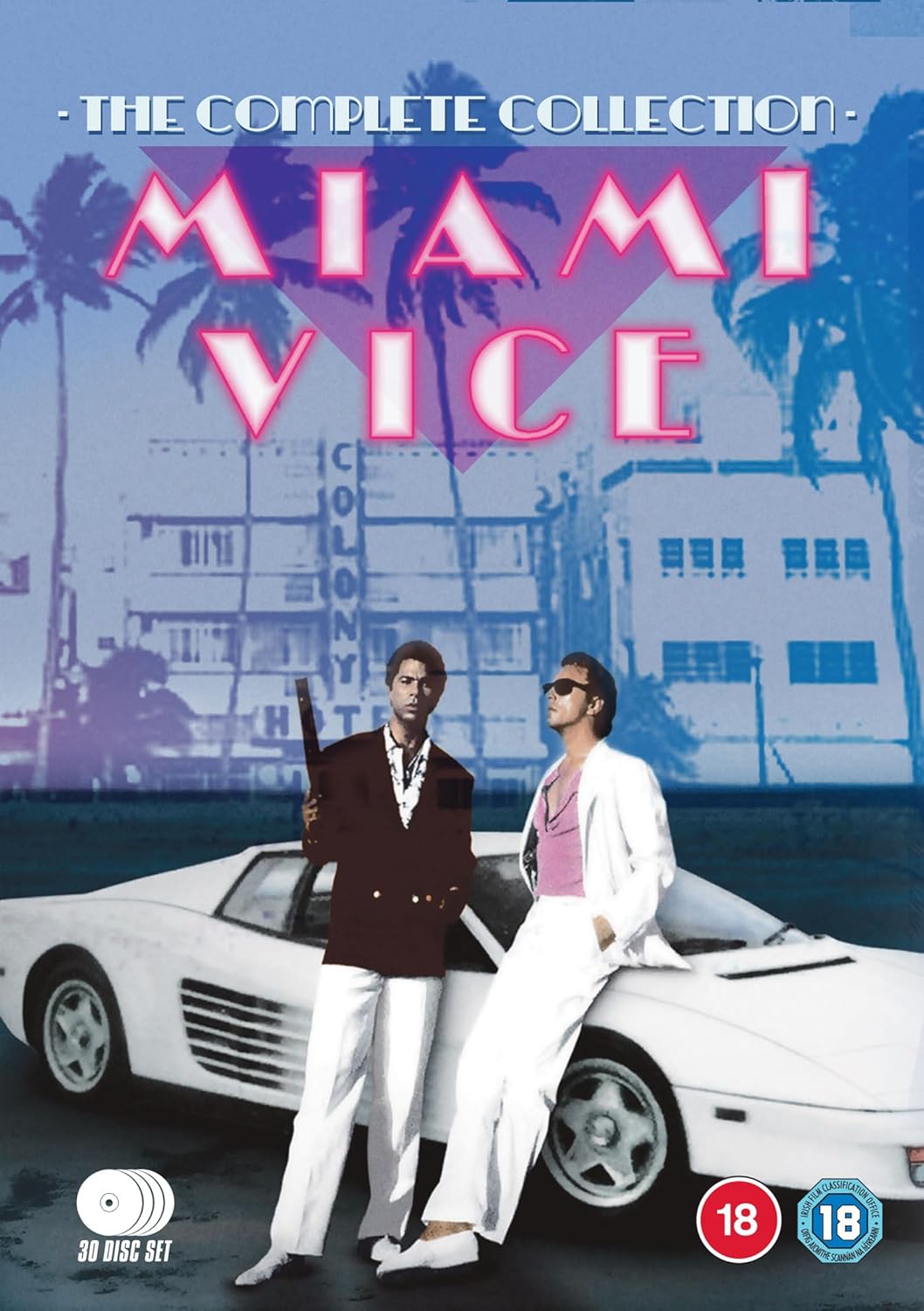 Miami Vice" DVD cover featuring Don Johnson and Philip Michael Thomas.
