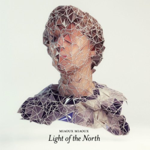 A low-poly 3D bust of a person on a white background with album text.