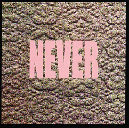 The word NEVER in large pink letters over a textured, multicolored, grainy background.