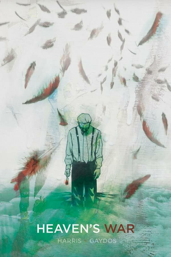 Book cover showing a man in suspenders surrounded by falling feathers.
