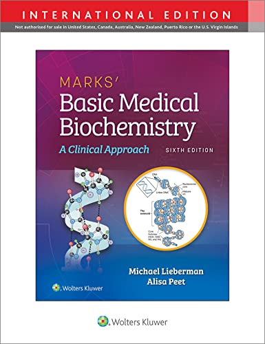 Textbook cover for "Marks' Basic Medical Biochemistry," sixth edition, with DNA illustration.