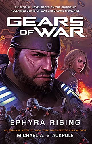 Book cover featuring Marcus Fenix, a woman, and Locust soldiers against a fiery background.