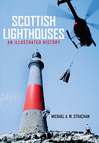 Book cover: Scottish lighthouse with a red band and a helicopter.