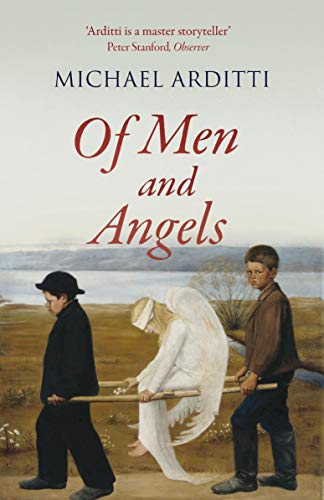 Book cover: two boys carrying a figure with wings on a stretcher.