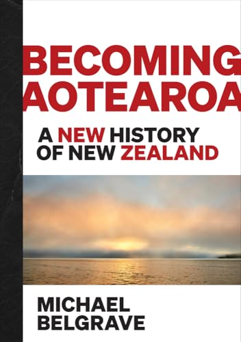 Book cover: “Becoming Aotearoa” with a coastal sunset image.
