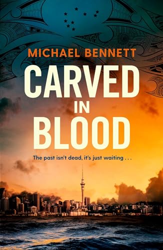 Book cover for Carved in Blood featuring a sunset city skyline and Māori patterns.