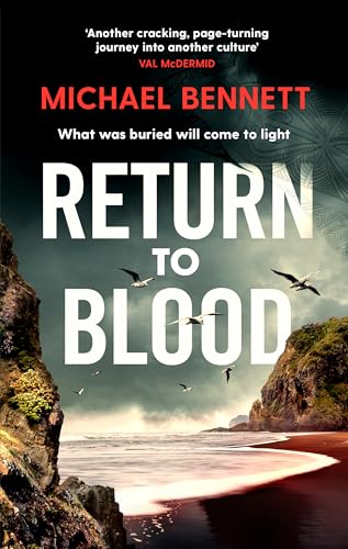 Book cover: dark seascape with large white text "Return to Blood" and birds.