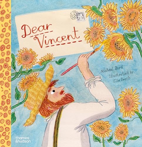 Book cover: red-haired artist painting sunflowers, letter with stamp.