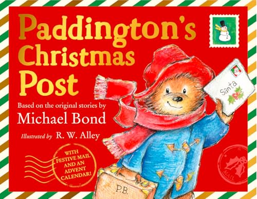 Paddington Bear with a Santa hat holding a letter and suitcase.